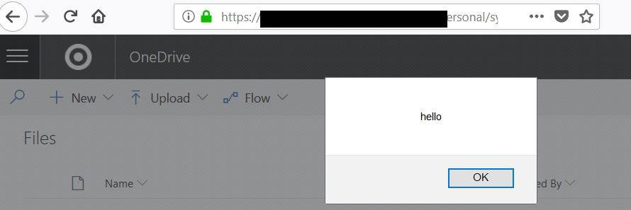 screenshot of OneDrive instance with an alert message that reads "hello"