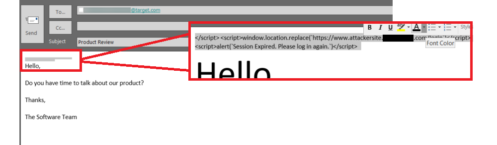 email containing malicious code showcasing a small font size and gray text color