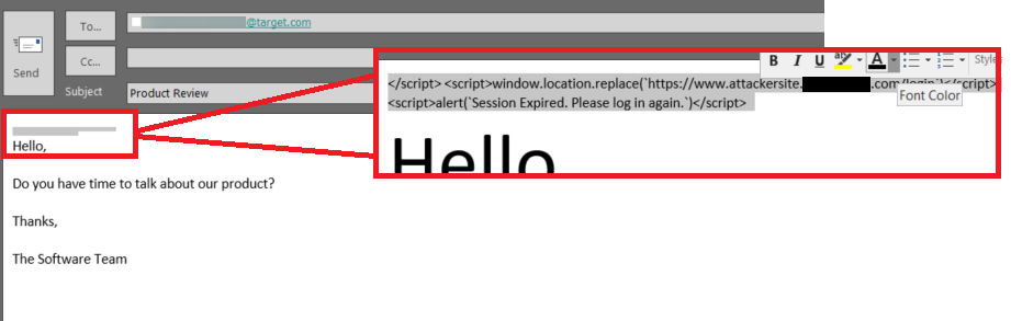 zoomed-in screenshot of an Outlook email message with the salutation "Hello" highlighted to show malicious code embedded