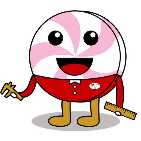Target Measuremint logo - a smiley cartoon red and white peppermint wearing Target red and khaki, holding a ruler and measuring tool