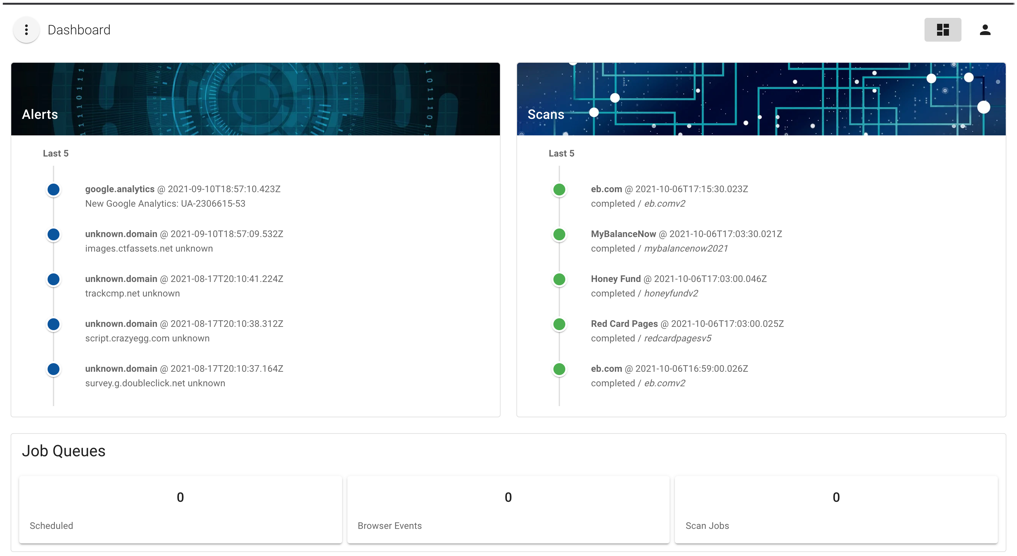 screenshot of a dashboard with alerts such as "google.analytics" and "unknown.domain" on the left side and scans such as "eb.com" and "MyBalanceNow" on the right